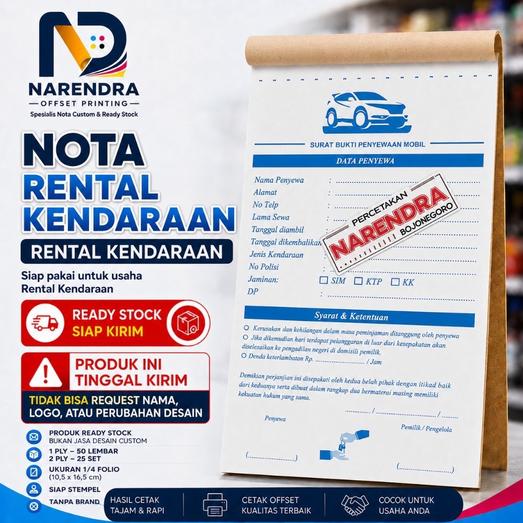 Nota Rental Mobil Siap Pakai | Kwitansi Sewa Mobil Motor | Surat Perjanjian Rental 2 Ply NCR