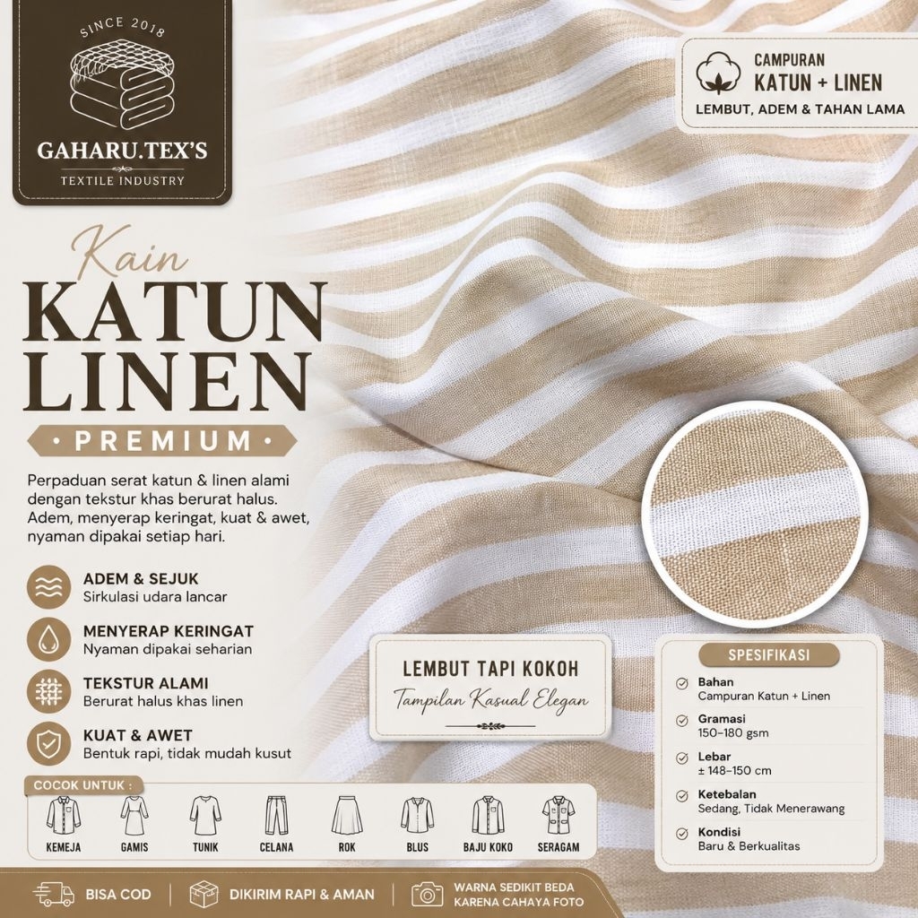 bahan katun linen premium - linen motif salur - linen meteran