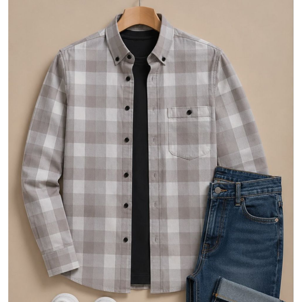 F2D Kemeja Flanel Soft Grey Elegant Best Seller / flanel/hem pria/ flanel pria/ kemeja flanel/ eight