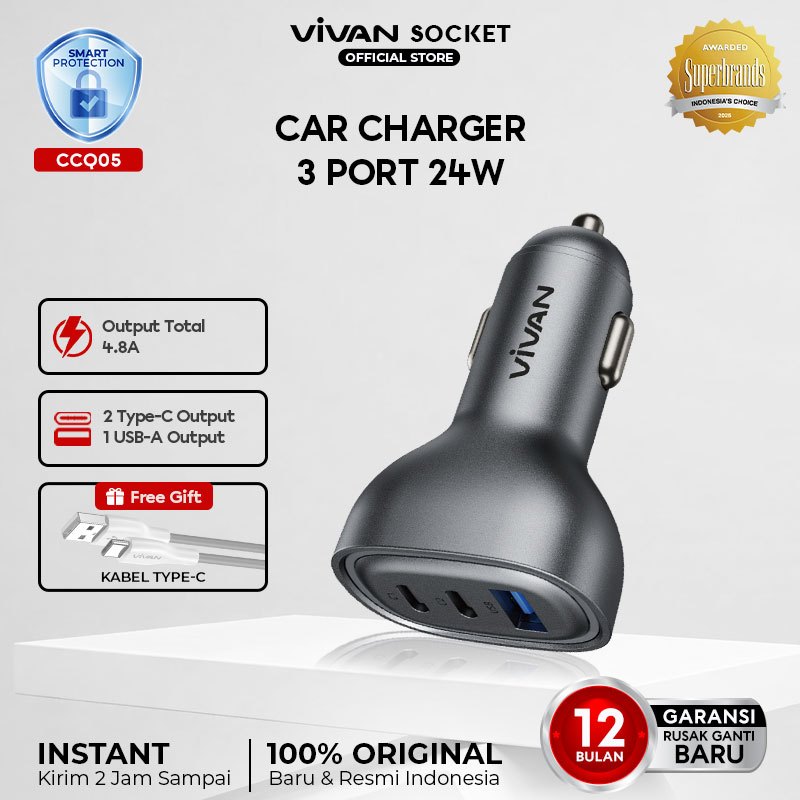 VIVAN Car Charger 3 Port 4.8A Max with RGB Light Free Type C Cable CCQ05 Garansi 12 Bulan
