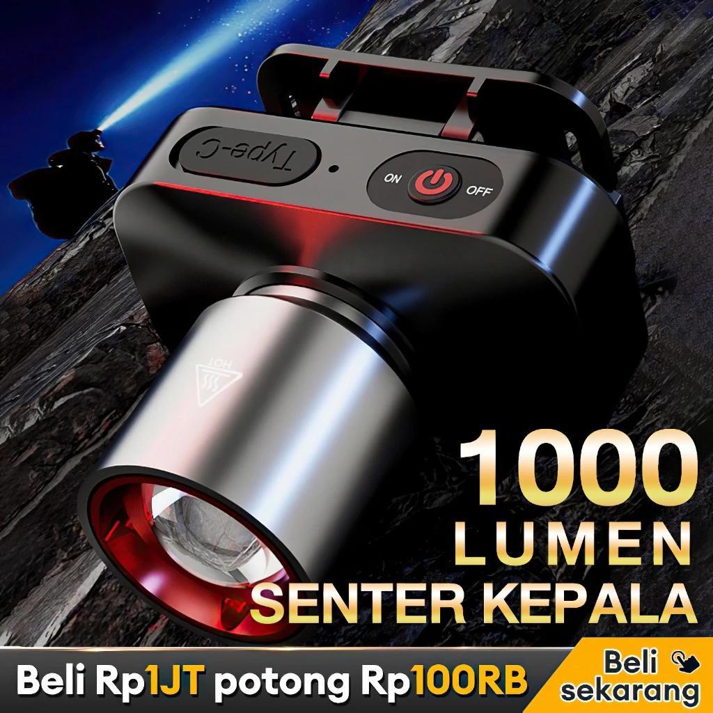 Senter Kepala Cahaya Maksimal Plus RechargePro 1000Lumen Headlamp Lampu dengan USB Fokus & Penyebara