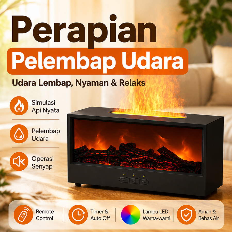 Pelembap Udara Diffuser Aromaterapi Simulasi Api Kayu Mini Remote Control Lampu 7 Warna Timer Otomat