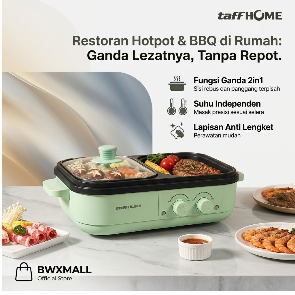Panci Listrik Serbaguna TaffHOME Alat Masak Multi Fungsi 2in1 Pemanggang BBQ Grill dan Panci Rebus S