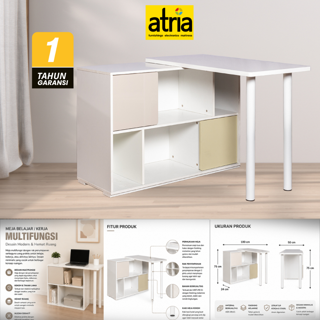Atria Bragy Desk Meja Belajar Cream Grey