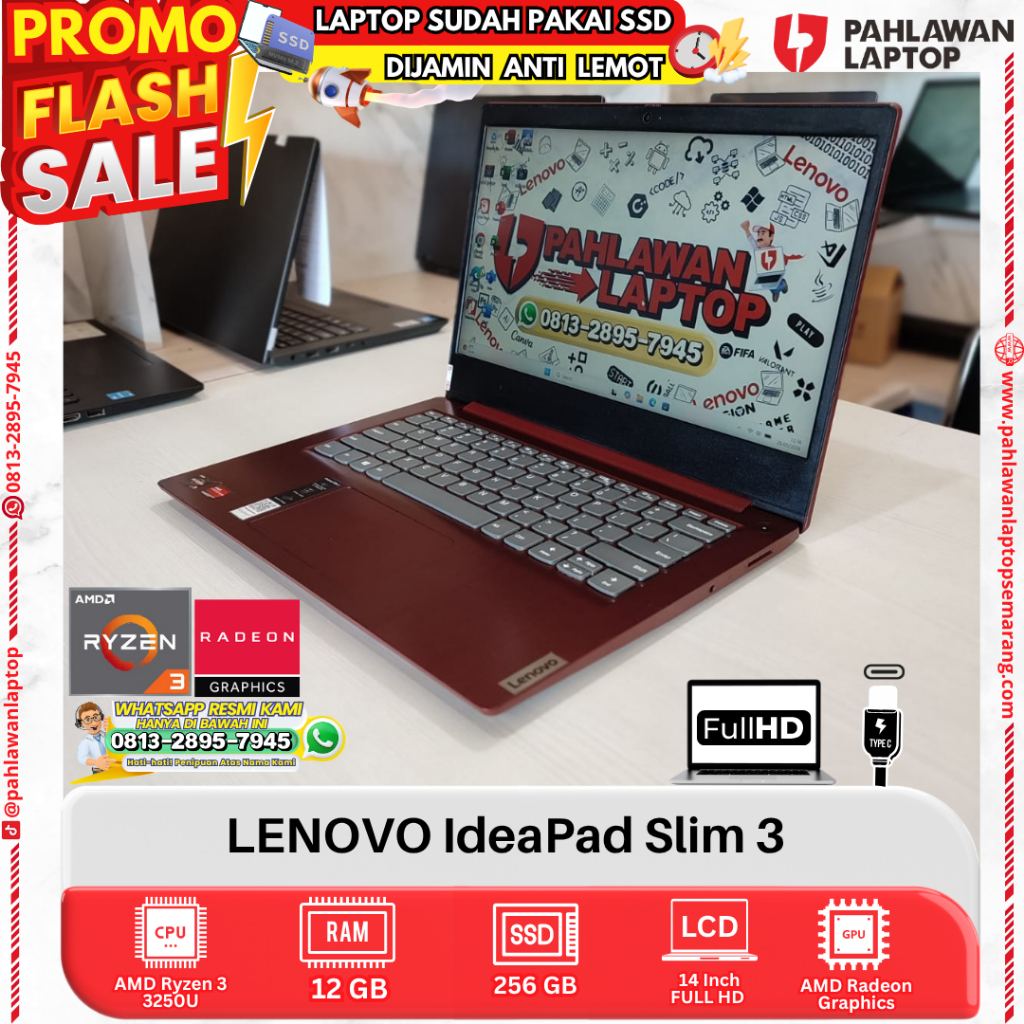 LAPTOP LENOVO IdeaPad Slim 3 Ryzen 3 RAM 12GB SSD 256GB