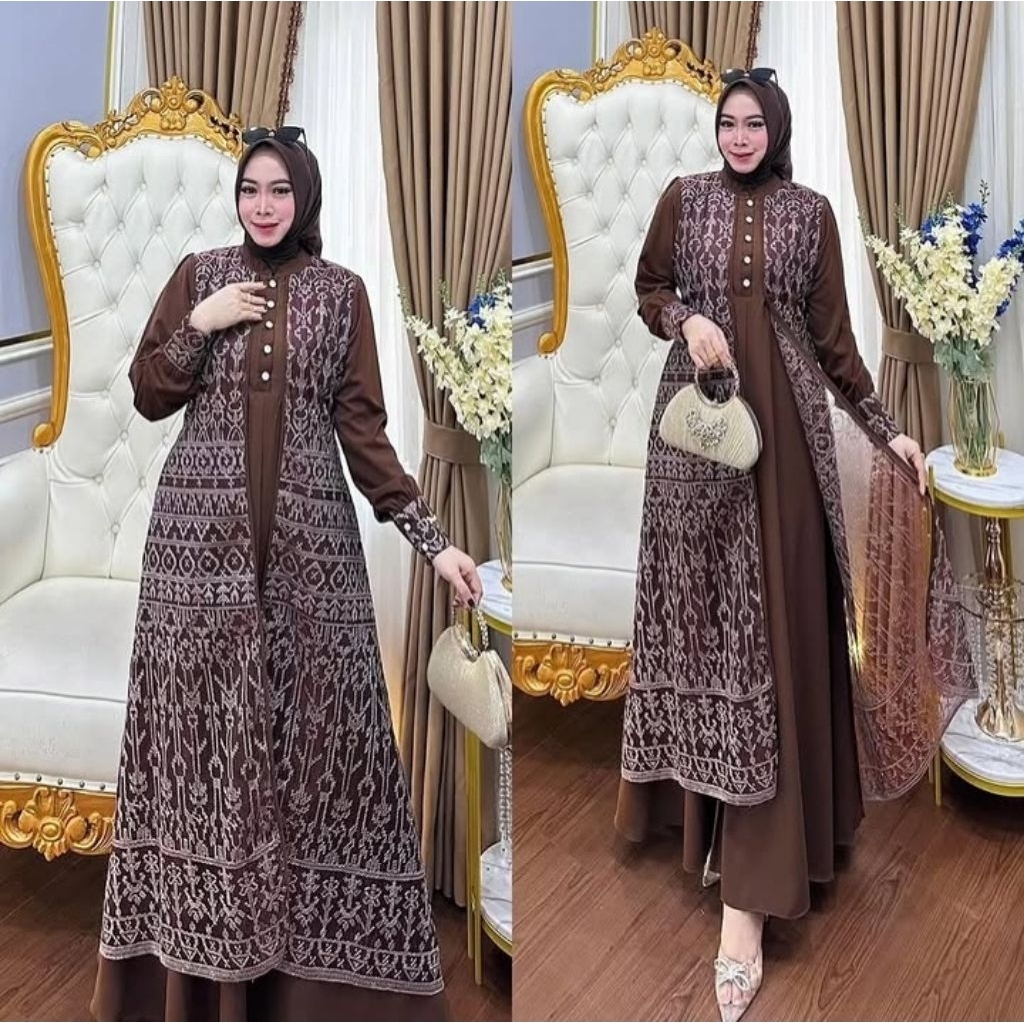 gamis merah maroon premium layer rompi brukat menyatu / kekinian brokat lebaran lengan panjang dress