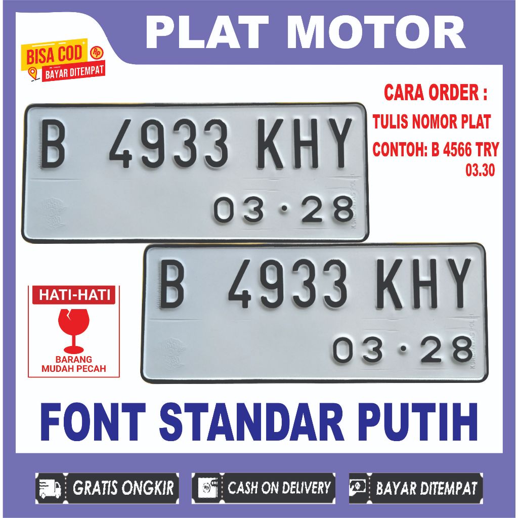 PLAT MOTOR STANDAR PUTIH FONT BARU BERLOGO