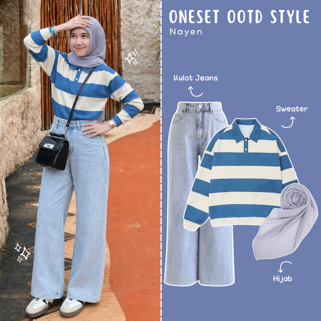 Nayen One Set Outfit 3in1 ( Sweater Stripe, Celana Jeans, Hijab ) Outfit Set Wanita Kekinian