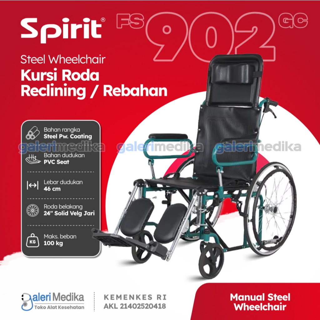 Kursi Roda Reclining SPIRIT FS 902GC Steel Wheelchair 2in1