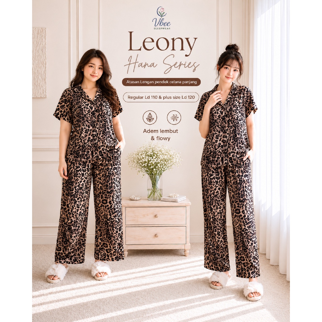 Leony Piyama Macan Atasan Lengan Pendek Celana Panjang Baju Tidur Adem Premium Vbee Sleepwear