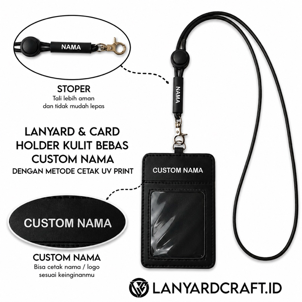 [K3] Id Card Custom Nama + Lanyard Kulit - Card Holder Leather Custom UV print - BLACK