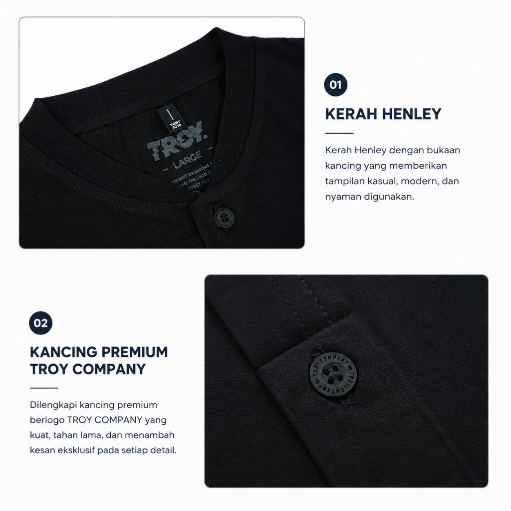 Troy Company Kaos Kerah Henley Lengan Pendek Hitam - DNA Tshirt Henley Black KKD 3019