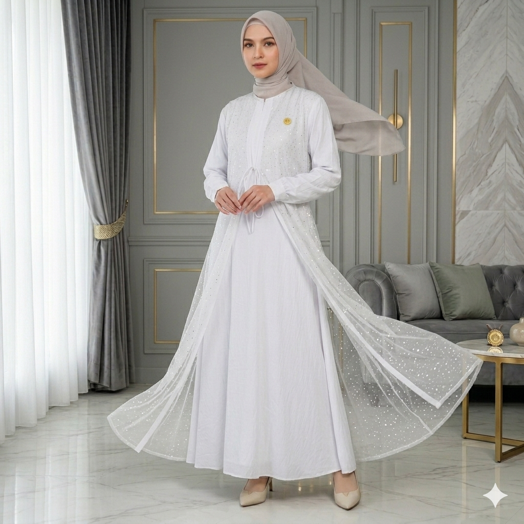 Dress Gamis Aisha putih tulang Polo Linen Premium Kombinasi Brokat - Kemewahan Modern dengan Sentuha