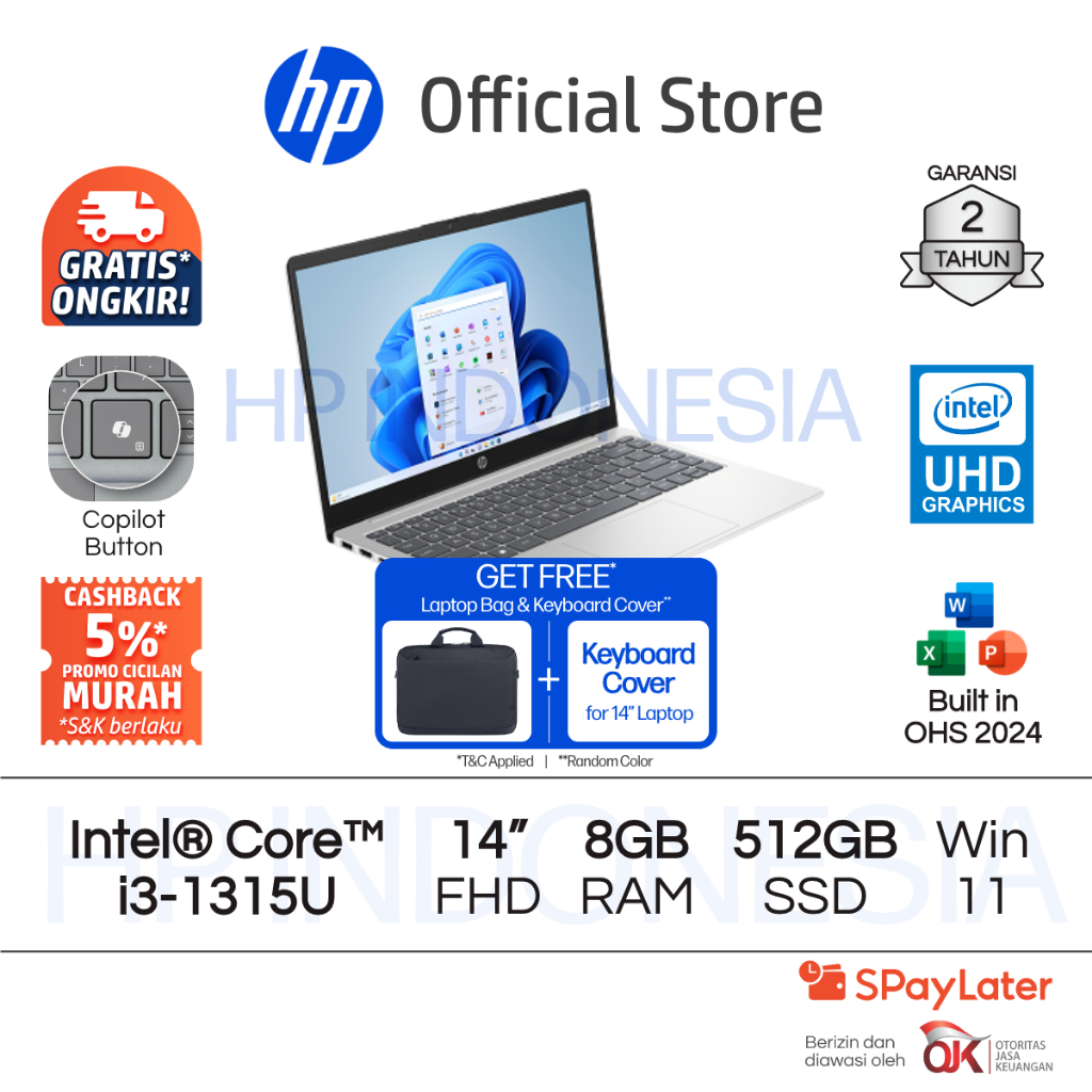 Laptop HP Intel Core i3 UHD 8GB RAM 512GB SSD Gold / Silver Windows 11 Home 14 Inch Gen 12 Garansi 2