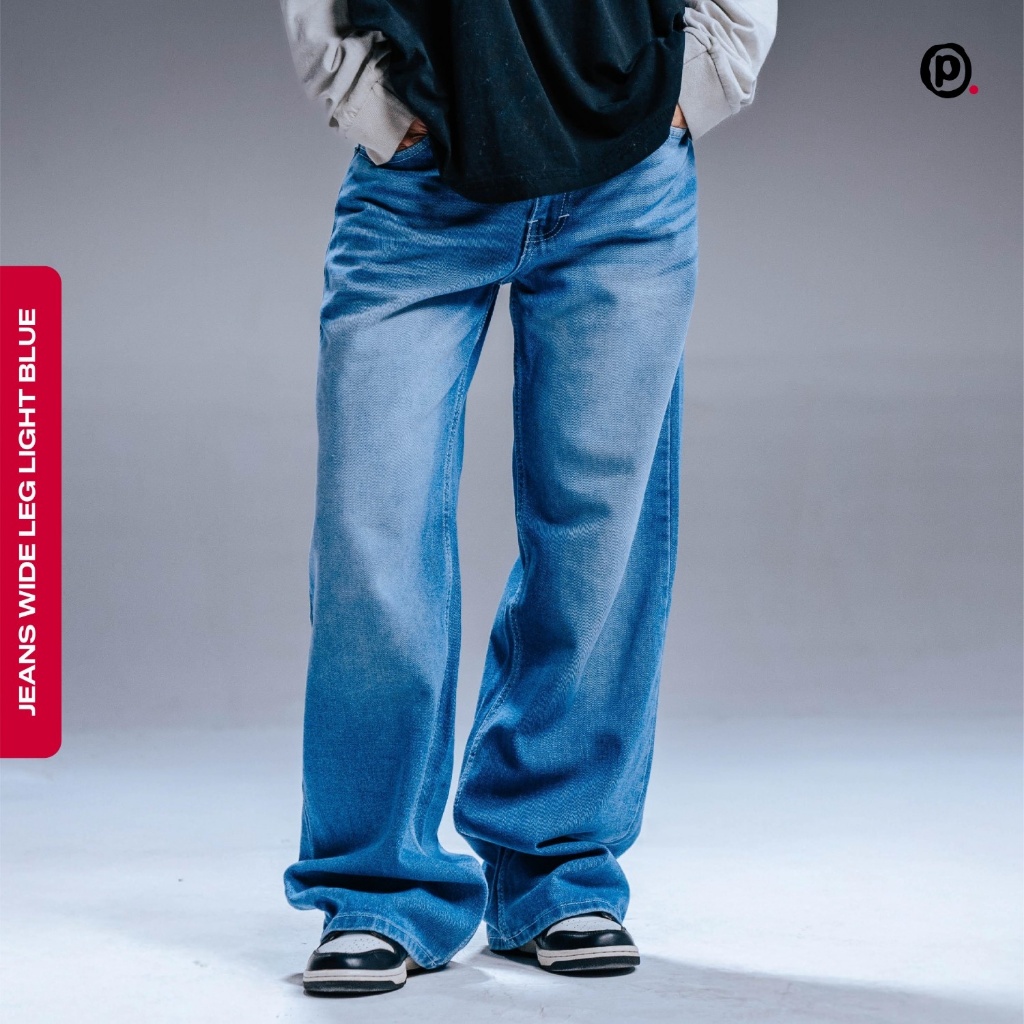 Pluviophile - Celana Jeans wide leg gombrong Wisker Light Blue Baggy Denim Unisex Panjang