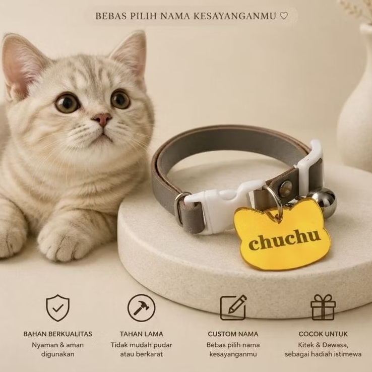 Kalung kucing custom nama bentuk kepala kucing gesper putih bahan liontin akrilik gold