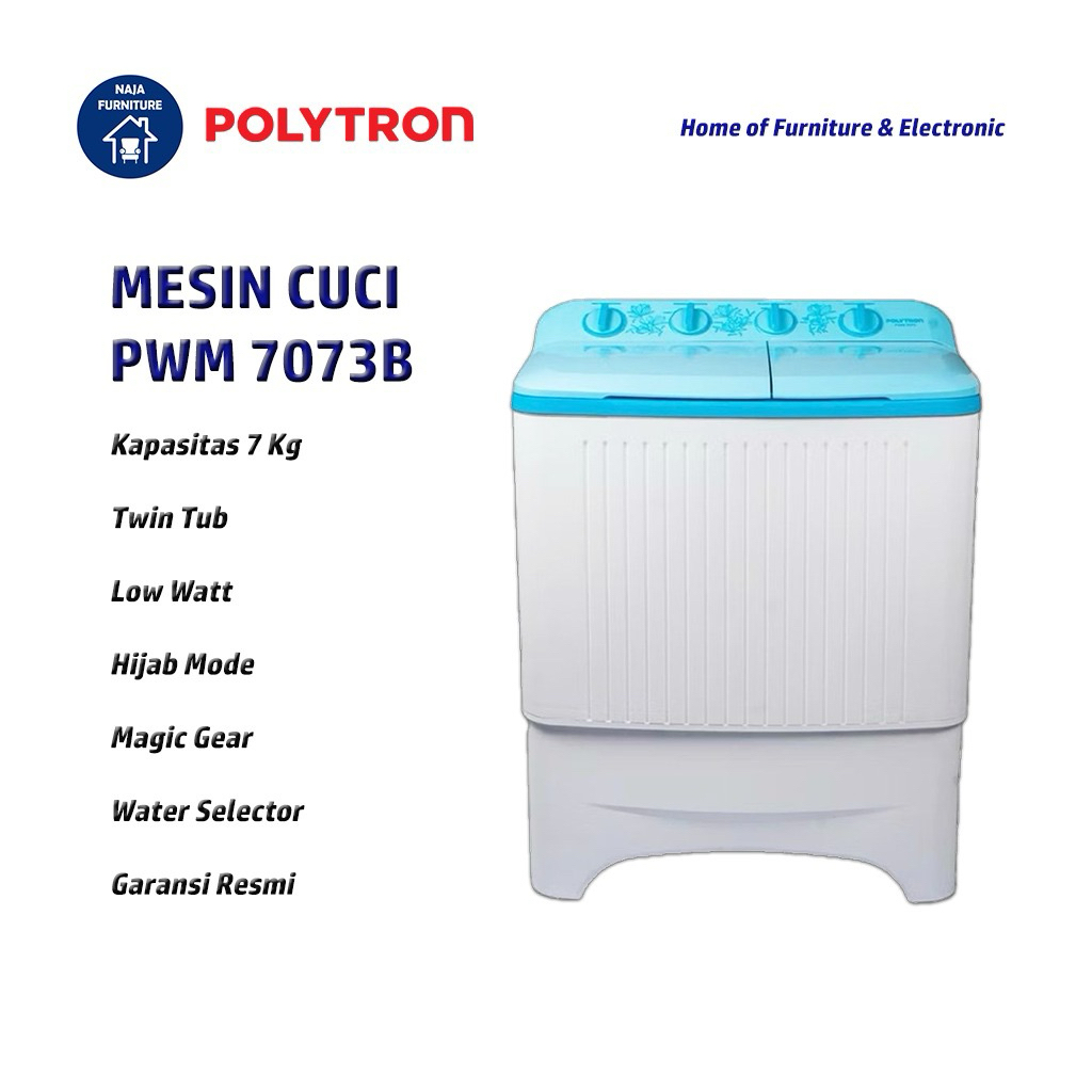 POLYTRON Mesin Cuci 2 Tabung 7 Kg PWM 7073 | Mesin Cuci Polytron 7 Kg | Mesin Cuci 2 Tabung