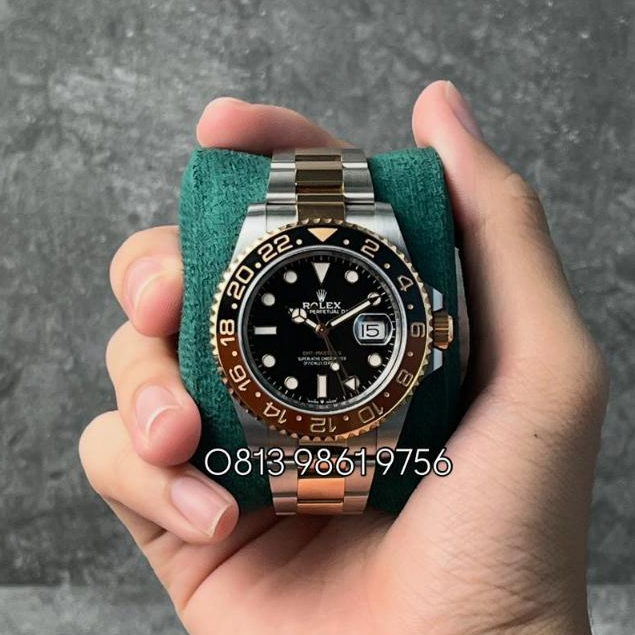 Jam Tangan Mewah R001 Gmt Master II Rootbeer Two Tone Rose Gold