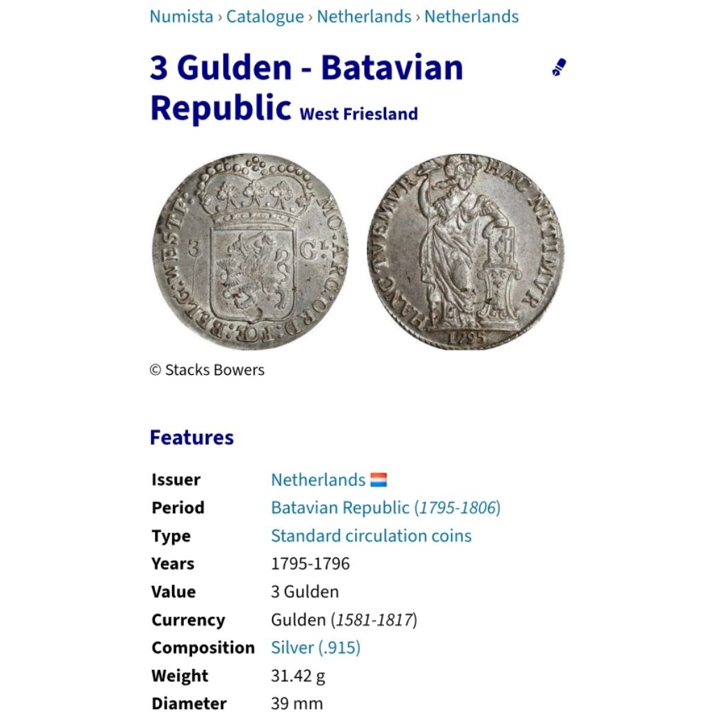 AB.102S-- 1 PC KOIN PERAK KUNO ASLI 3 GULDEN WEST FRIESLAND - BATAVIAN REPUBLIC TH 1795. -- SILVER C