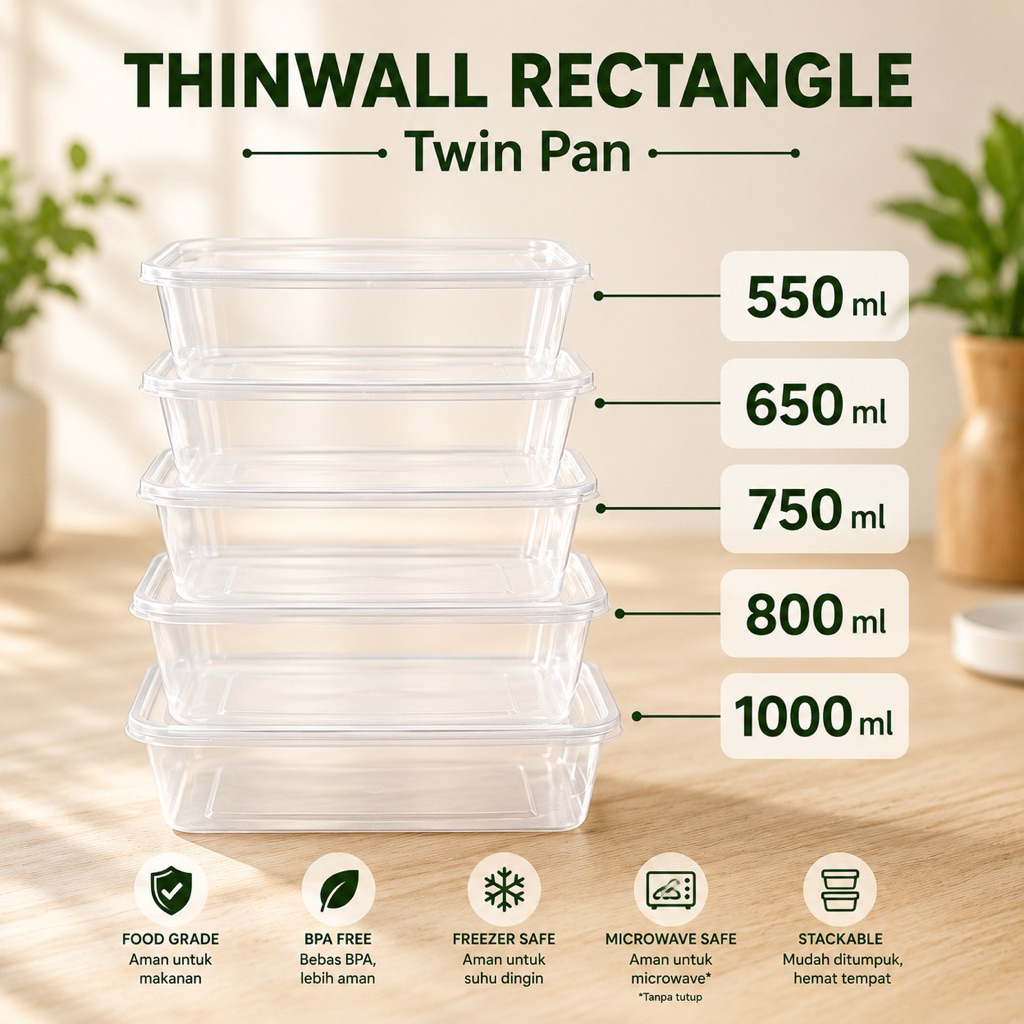 [25 pcs] Thinwall Twin Pan 550ml, 650ml, 750ml, 800ml, 1000ml Rectangle / Kotak Makan Plastik Perseg