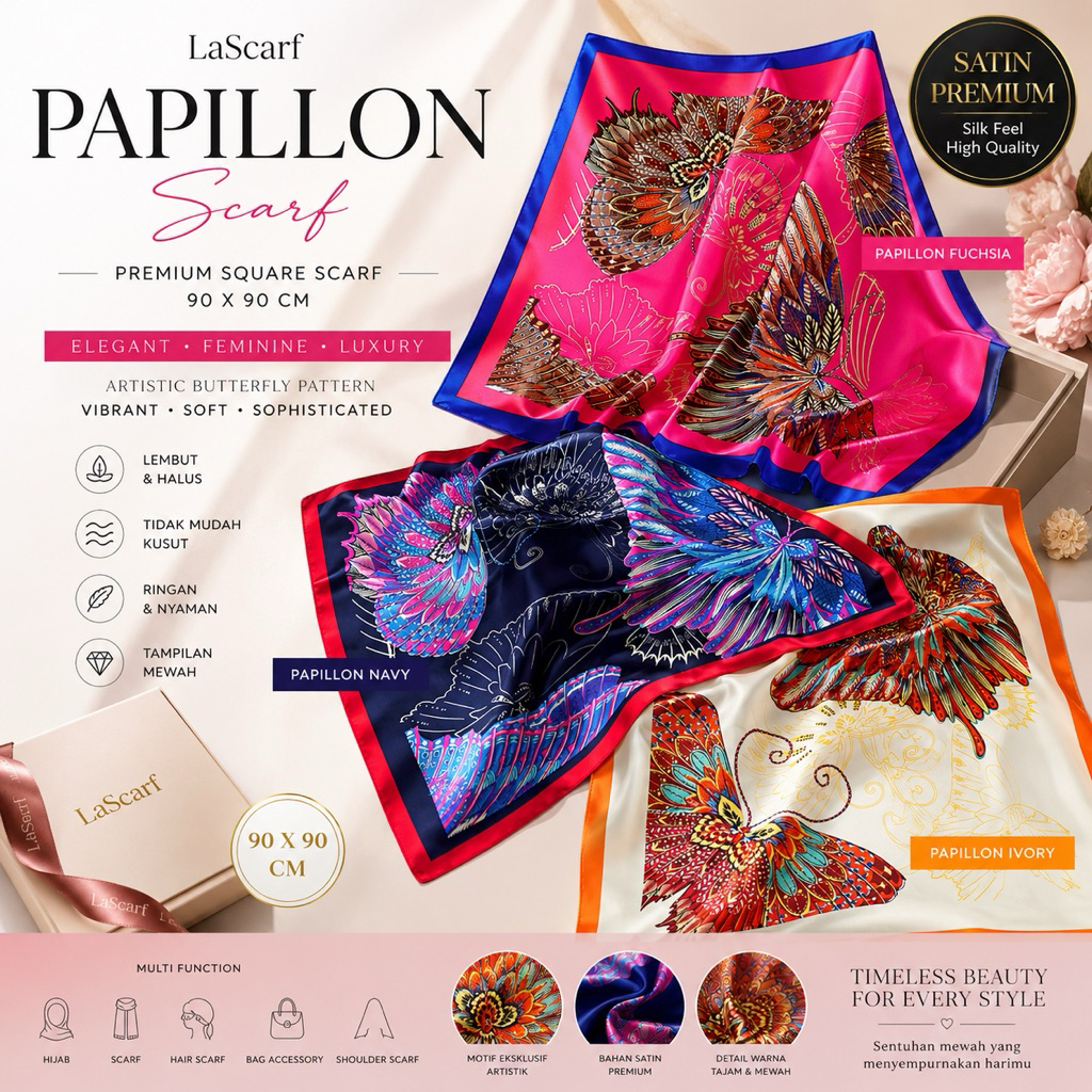 LaScarf Papillon Scarf Premium 90x90 Motif Kupu-Kupu Elegan | Hijab Satin Square Luxury Fashion Wani