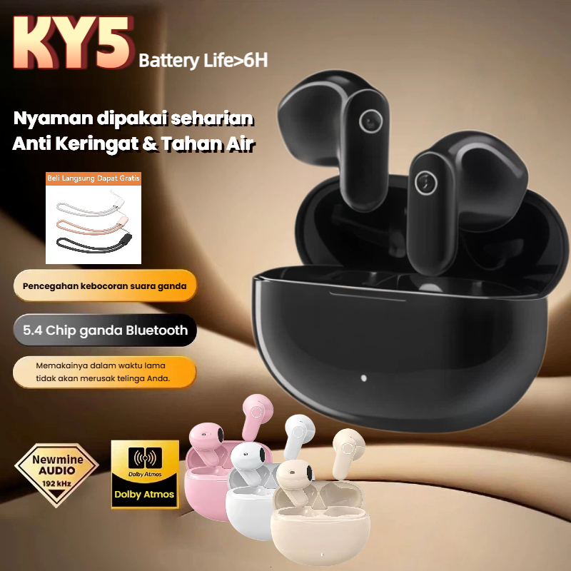 [2 GRATIS] TWS KY5 Headset Bluetooth kedap air IPX5, baterai tahan lama, bass bertenaga, suara surro