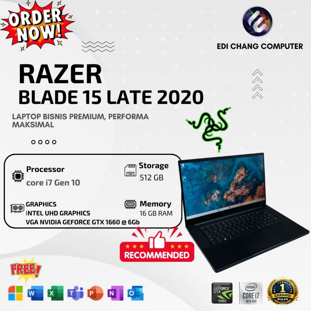 LAPTOP GAMING RAZER BLADE 15 Base Model Late 2020 I7 Gen 10 VGA NVIDIA GEFORCE GTX 1660 @ 6Gb