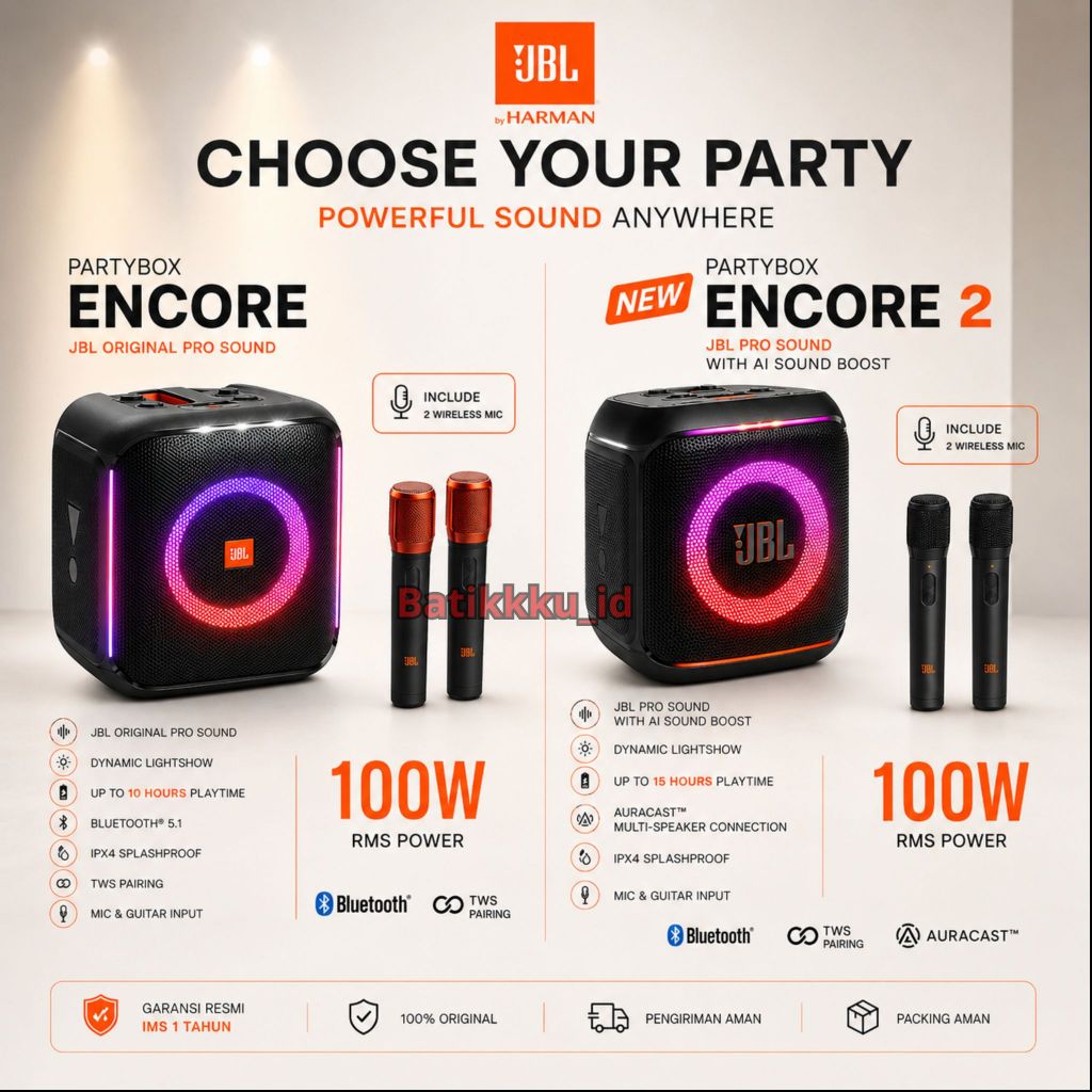 Speaker JBL PartyBox Encore Party Box Original With 2 Mic Wireless Active Speaker Portable