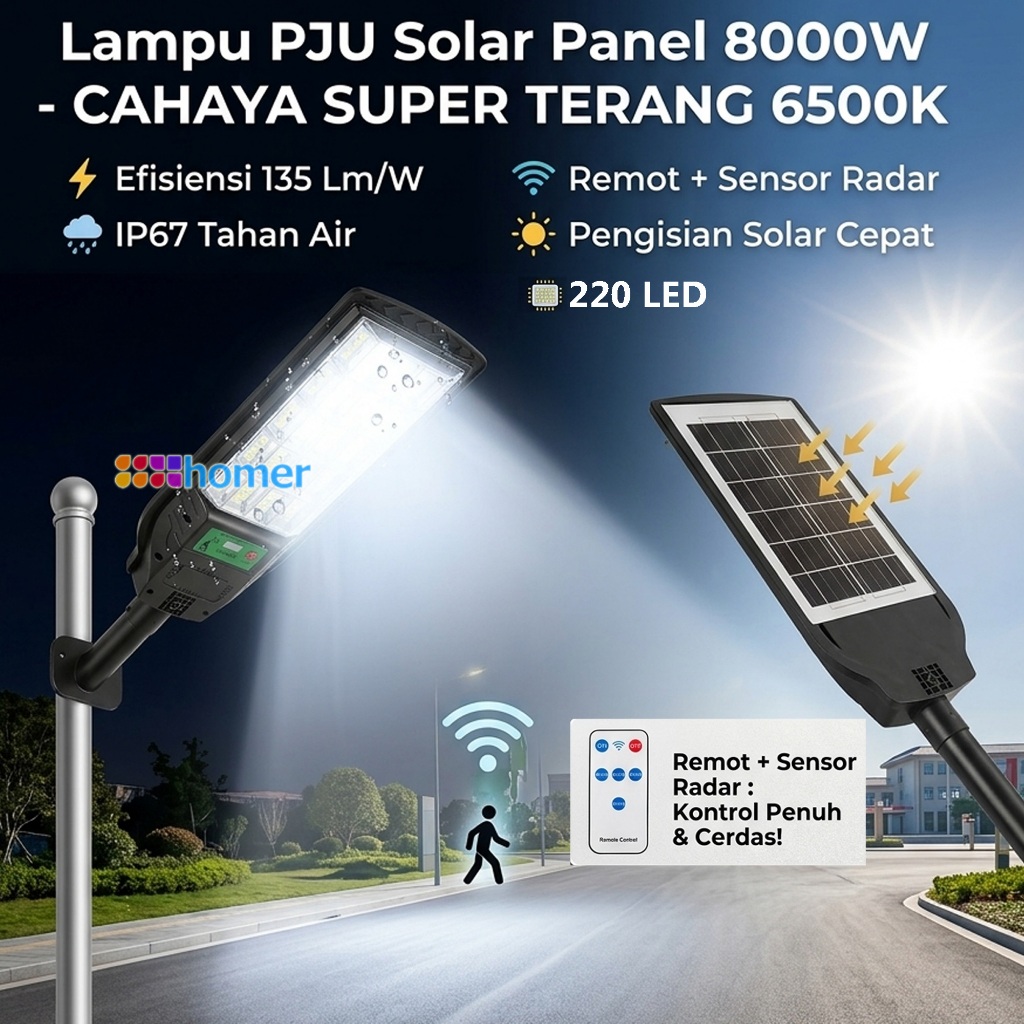 Lampu PJU Solar Cell Panel 8000W Super Terang 6500K IP67 Waterproof Lampu Jalan Tenaga Surya Matahar