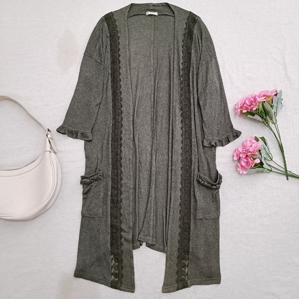 Outer Rajut Panjang Lace Olive Grey Mori Kei Fairy Grunge Cardigan