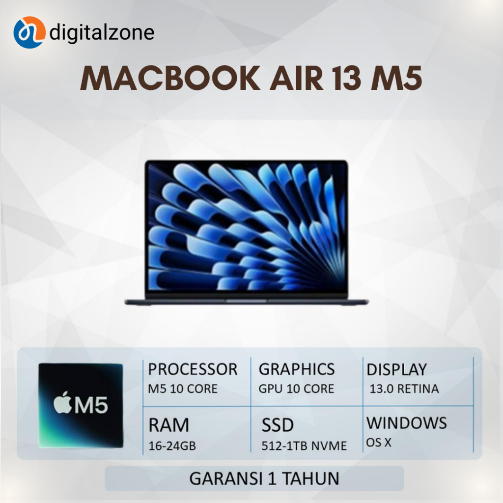 Apple Macbook Air 13 M5 2026 16-24GB 512-1TBSSD Garansi Inter