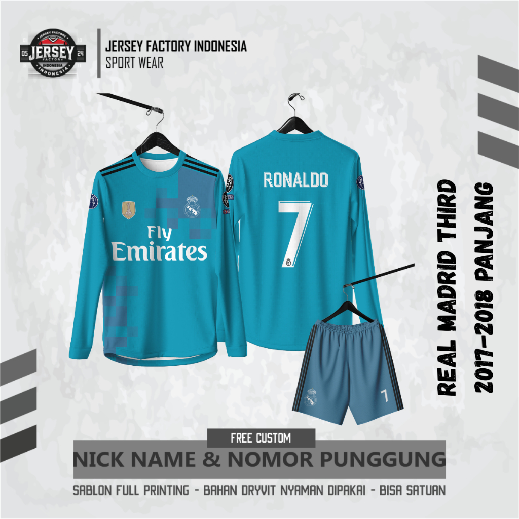 Jersey Bola REAL MADRID THIRD 2017-2018 PANJANG Free custom nama dan nomor untuk dewasa dan anak ana