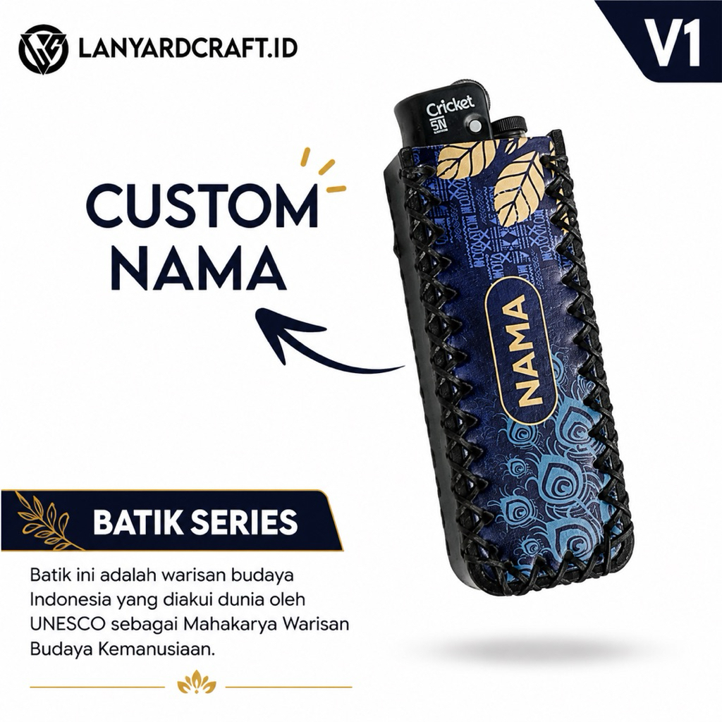 Cover Korek Batik Series Kulit Custom Nama UV / Bungkus Korek Cricket Tokai / Bungkus Wadah Korek / 