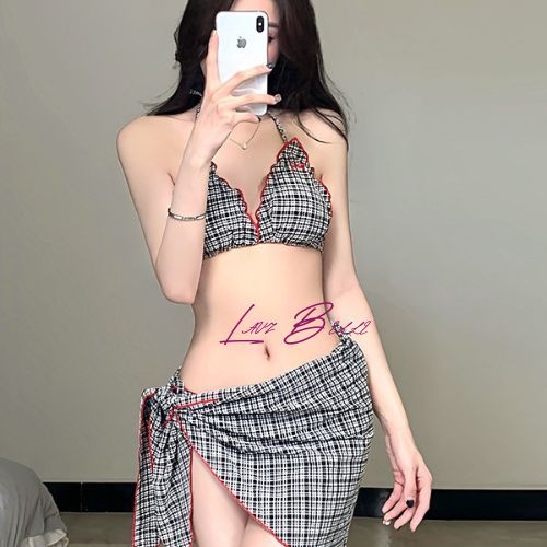 LAVIBELLE - Beachwear Set Wanita Bikini Baju Pantai Kotak-Kotak dan Skirt Pantai Korea - BBW21