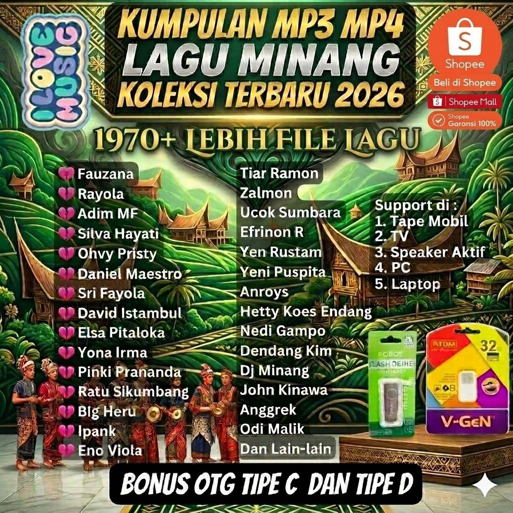 FLASHDISK USB MOBIL 32GB 1970+LEBIH LAGU MP3/MP4 FULL ALBUM LAGU MINANG ANAK RANTAU