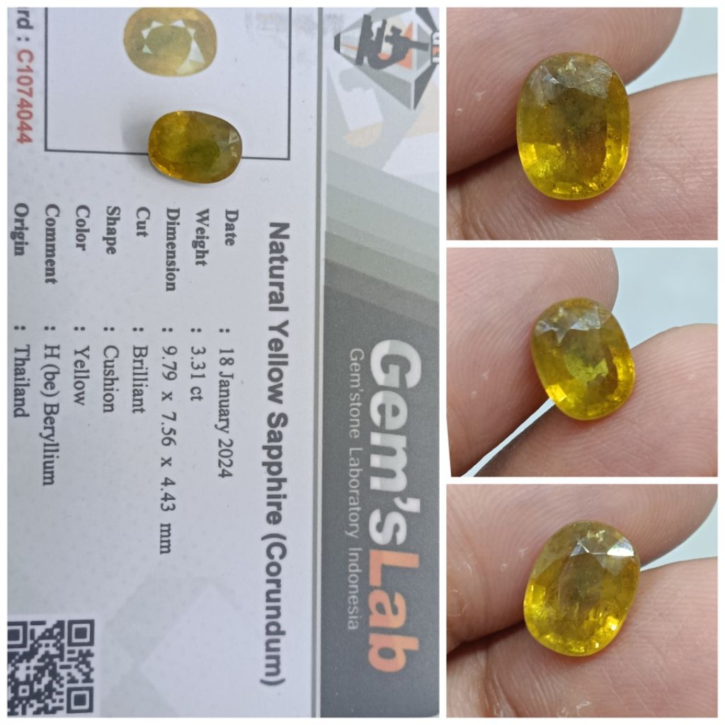 Natural Yellow sapphire Thailand Hbe 3,3ct kristal memo GLI Safir Bagus