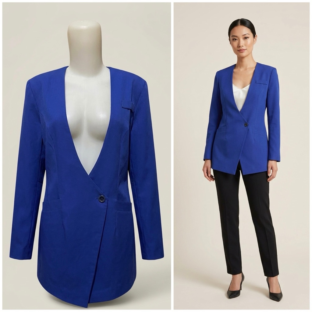 Blazer Wanita Tanpa Kerah Biru Elektrik / Outer Kerja Kantor Formal Premium Elegant