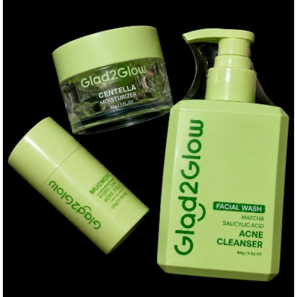 GLAD2GLOW PAKET HEMAT Matcha Facial Wash Centella Moisturizer Mugwort Acne Clay Mask Stick