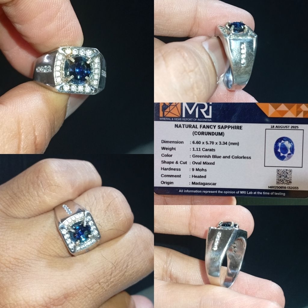 Batu Fancy Sapphire Madagaskar 1.11 ct memo MRI ring perak microsetting