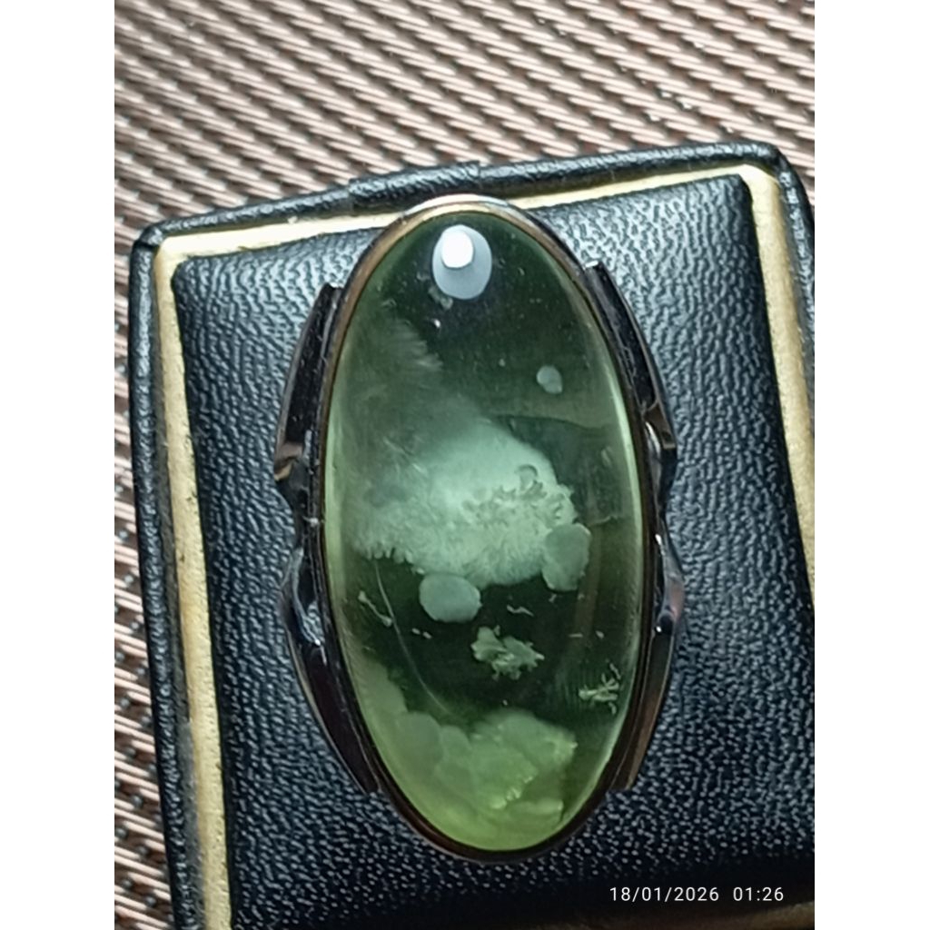 LANGKA (RARE ITEM) Cincin Mata Batu Natural Pandan Suji Antik Motif Kembang Kol Warna Aquamarine Big