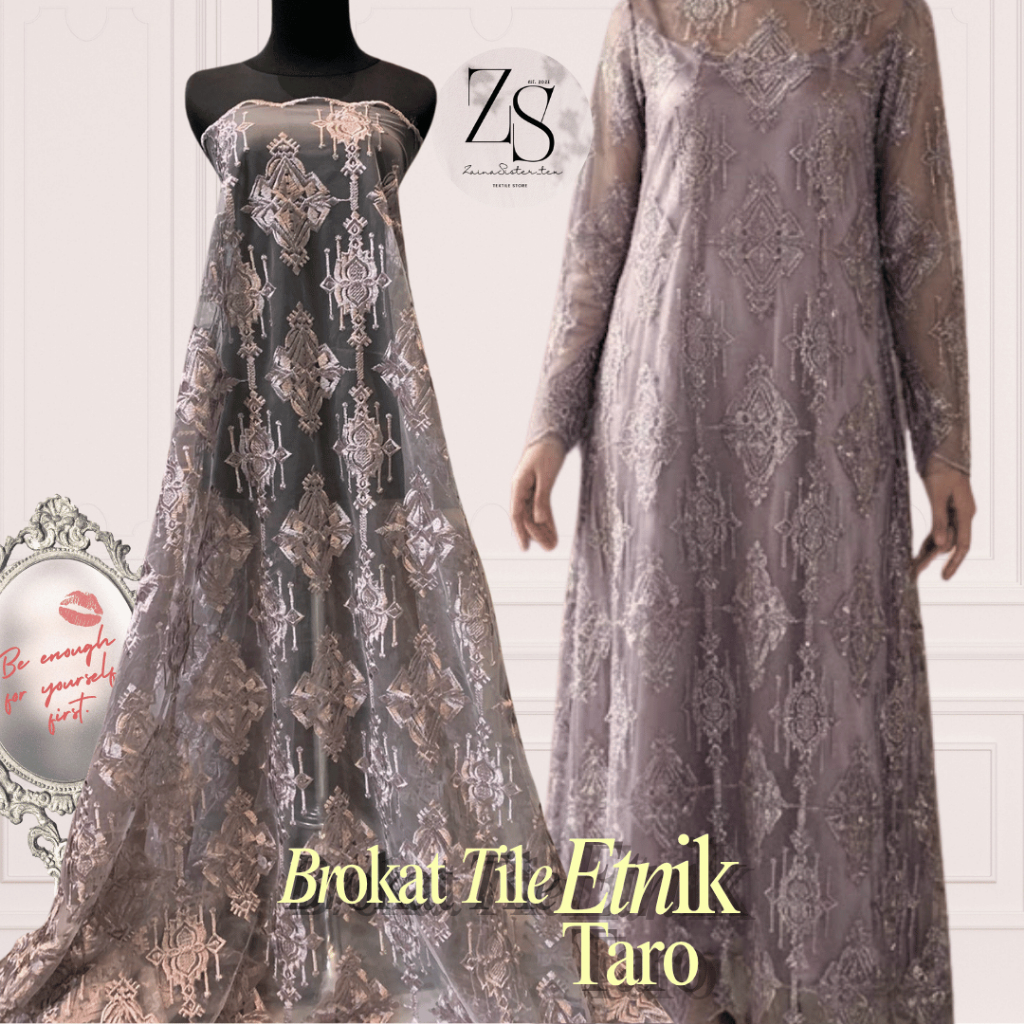 Kain Brokat Tile Bordir Motif Etnik Warna Ungu Taro / Bahan Kondangan Pesta Kebaya Gamis Mewah