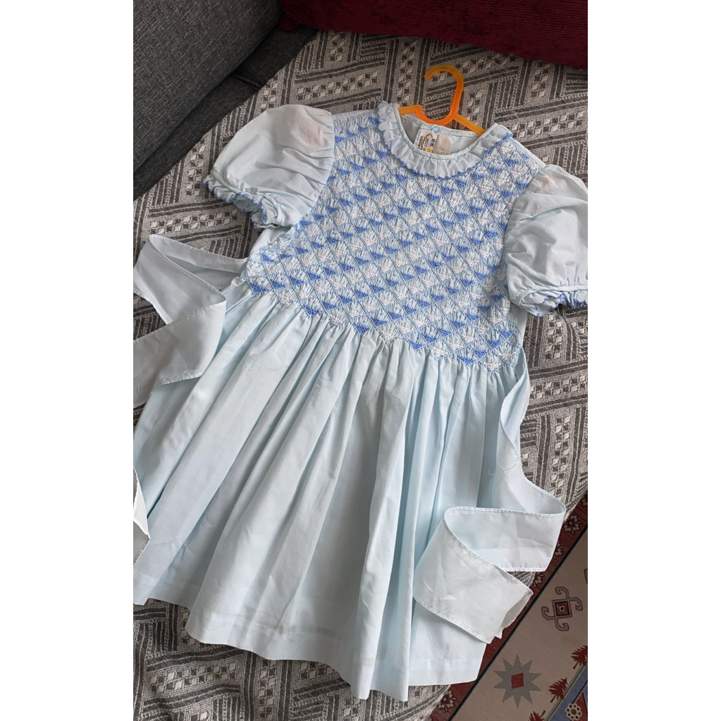 preloved dress smocked blue handsmocked dress blue kerah ruffle 2-3th not naluri the little ones
