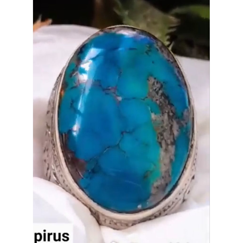 Natural batu akik Pirus Persia lawasan gradasi royal blue ceplok kuro urat hitam ukuran jumbo kode B