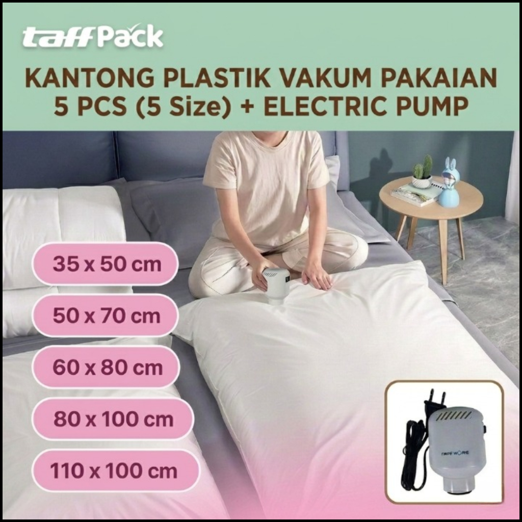 KANTONG PLASTIK VAKUM BAJU TRAVELING 5 PCS (5 UKURAN BERBEDA) + POMPA VAKUM BAJU ELEKTRIK | SET KANT