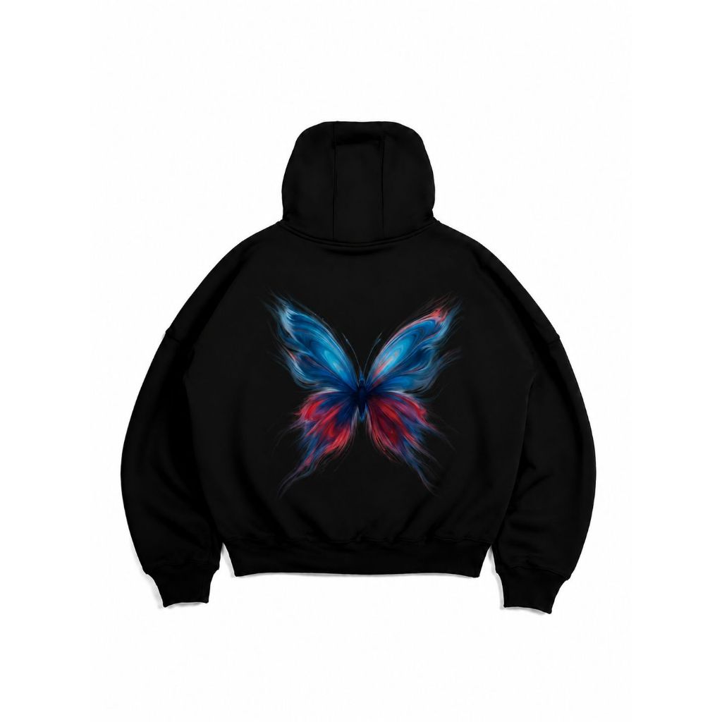 UNDEAD Hoodie Boxy Oversize Pria Wanita Tebal 280-300Gsm RAINBOW BUTTERFLY HITAM Unisex hudi kece sk