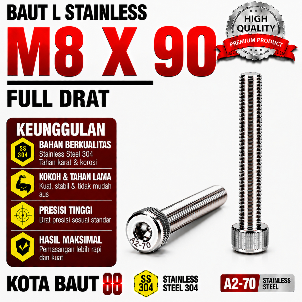 Baut L Stainless M8X90 / 8X90 / M8 X 90 / 8 X 90 Full Drat SS304 / SUS304 / A2-70