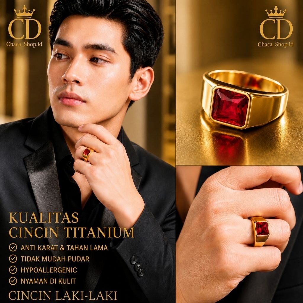 Cincin Pria Batu Ruby Kristal Titanium Baja Hitam Poles | Cincin Fashion Klasik Elegan Kekinian