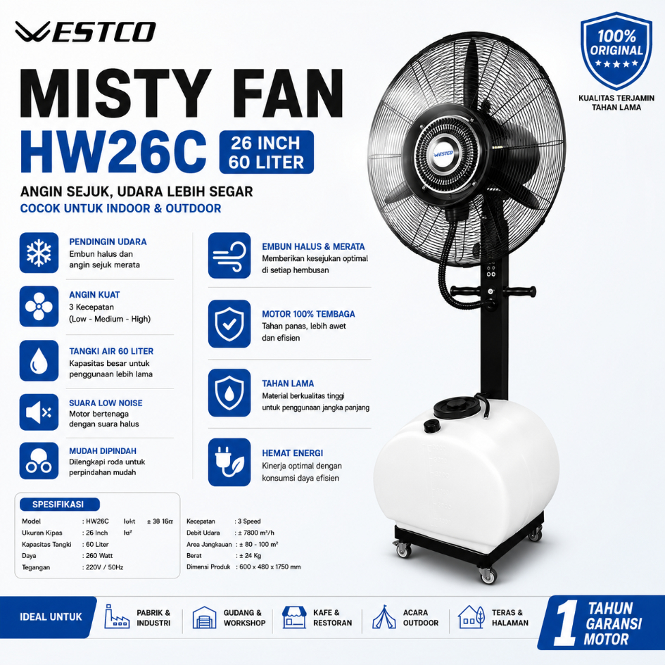WESTCO HW-26C Mist Fan Kipas Angin Embun Halus 26" 60 Liter Listrik Rendah 260 Watt KIPAS ANGIN KABU