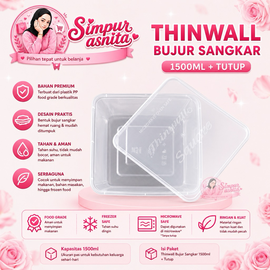 1500ml Thinwall square  BUJUR SANGKAR 1500ml + Tutup / Kotak Makan Plastik 1500 ml FREE PACKING [ECE