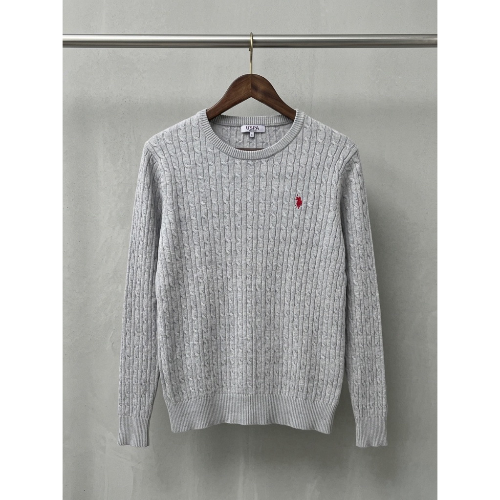 Sweater US Polo Assn USPA Cableknit Rajut Full Kepang Grey